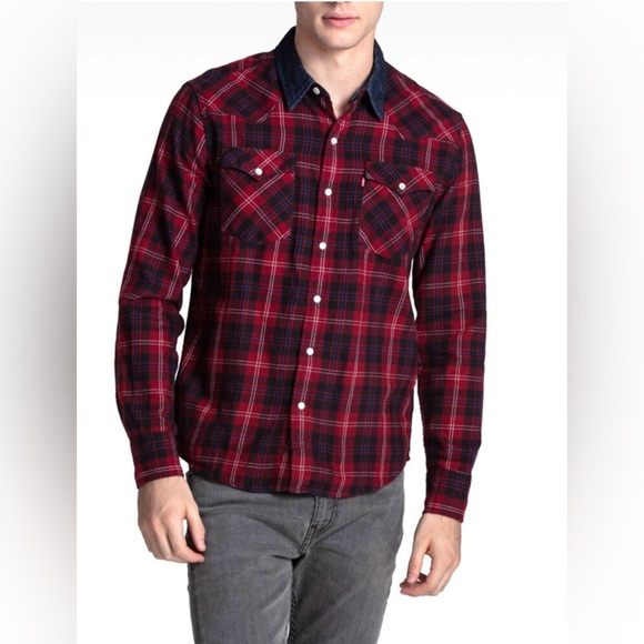 Levi’s Pearl Snap Red Plaid Denim Collar Mid-weight Long Sleeve Size Medium - Picture 1 of 9